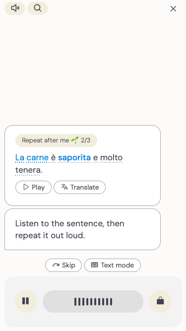 Practicing the Italian word saporito in a Jetway speaking exercise