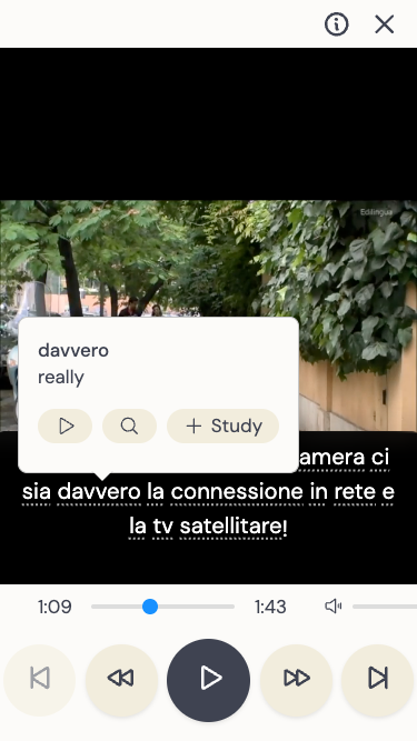 Watching an Italian video with interactive subtitles in Jetway