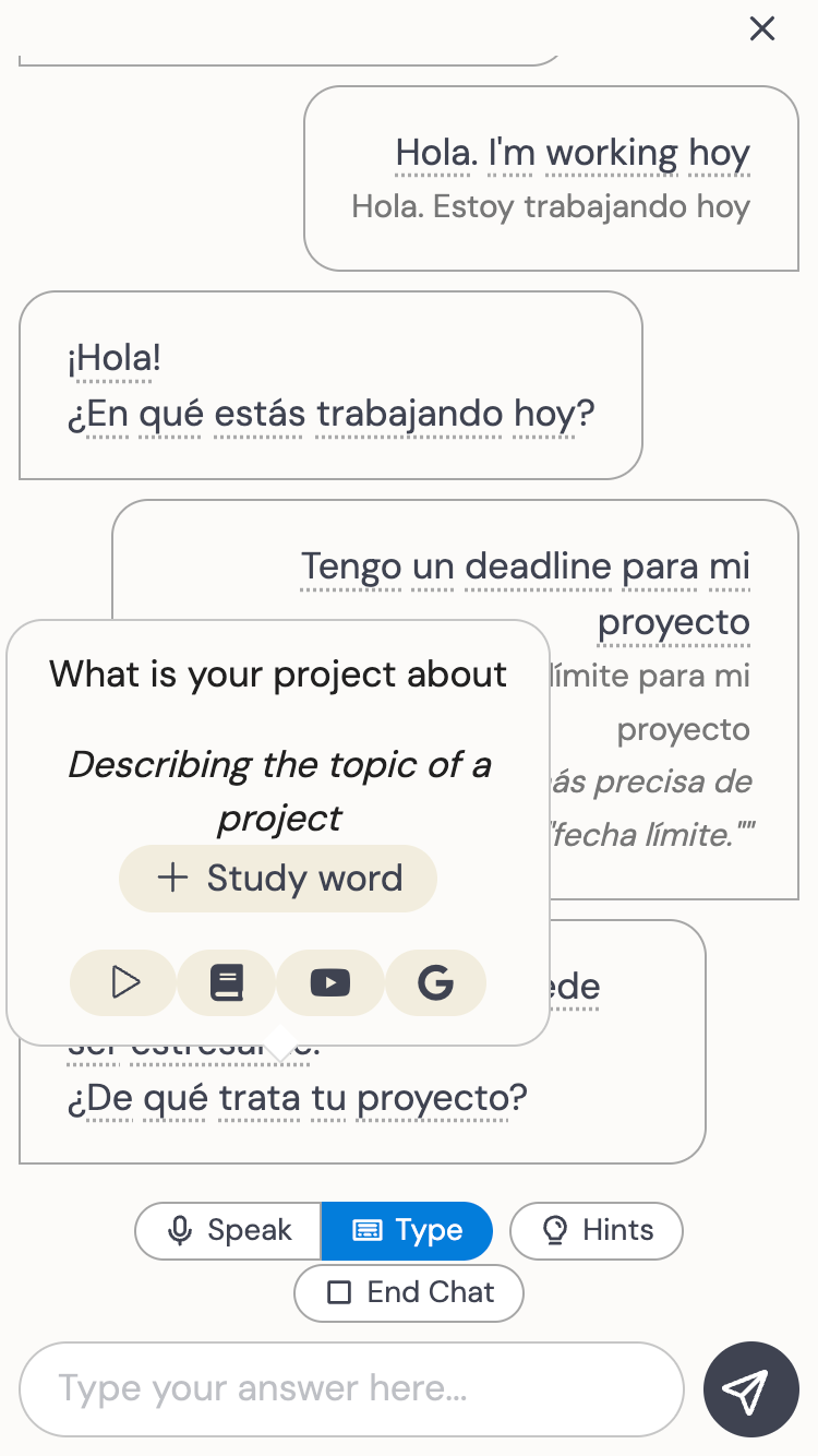 A guided language-learning chat in Jetway