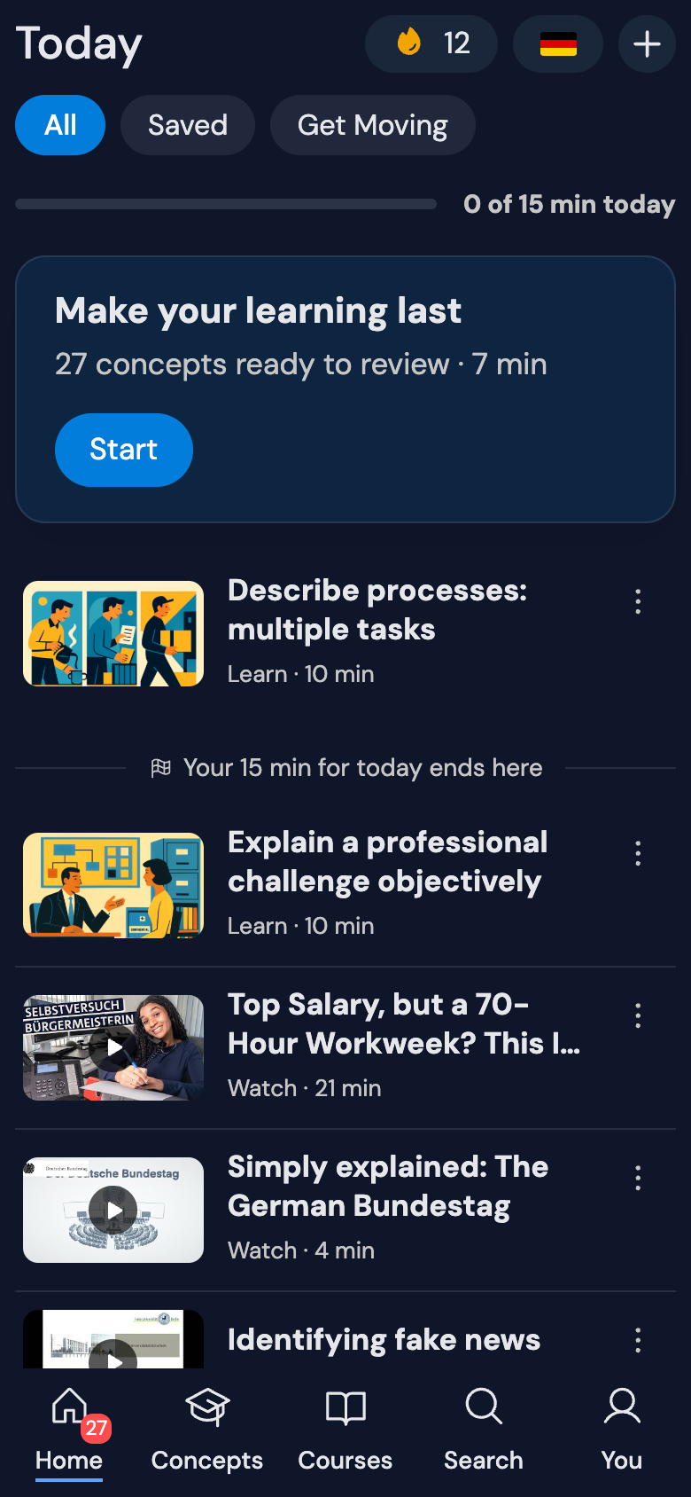 The Jetway language learning home screen